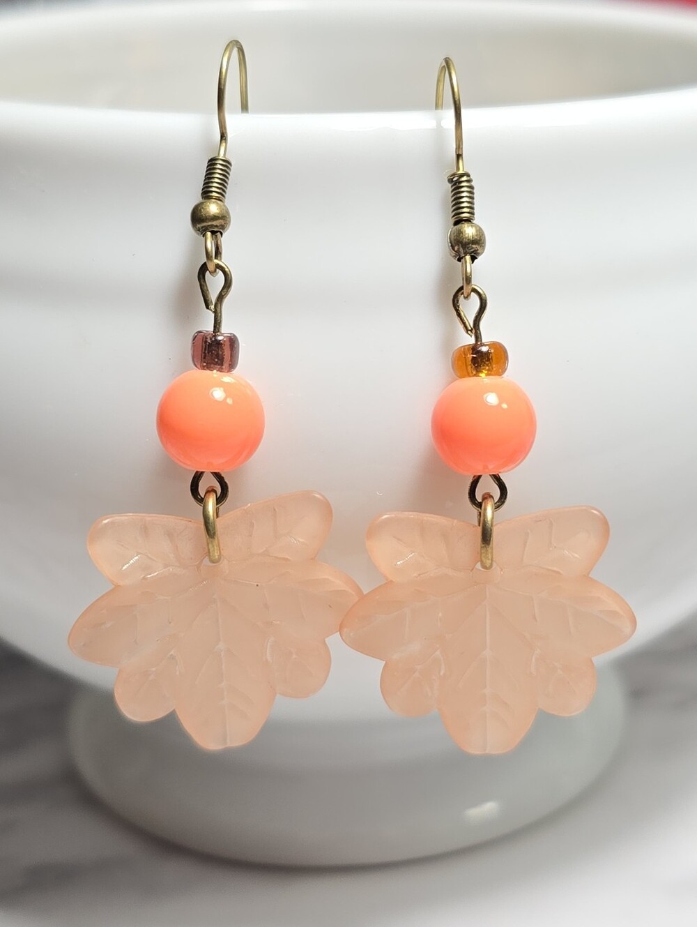 Peach Maple Leaf Orange And Amber Glass Beaded Dangle Earrings - Women Jewelry